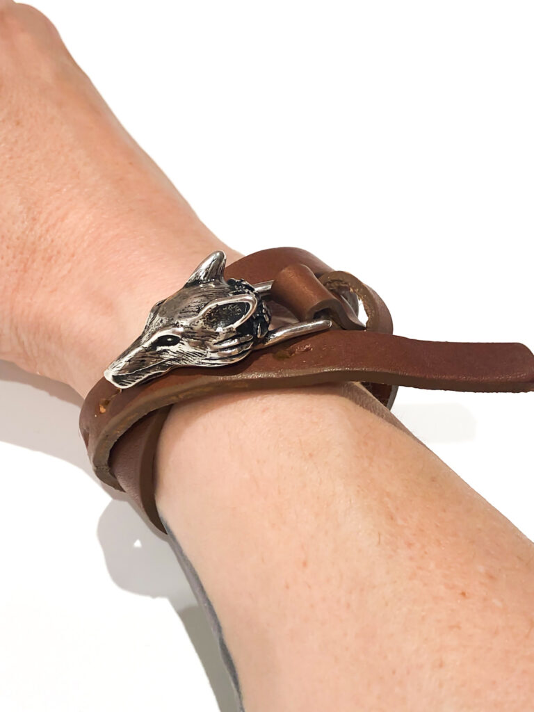 Brown leather wolf silver bracelet