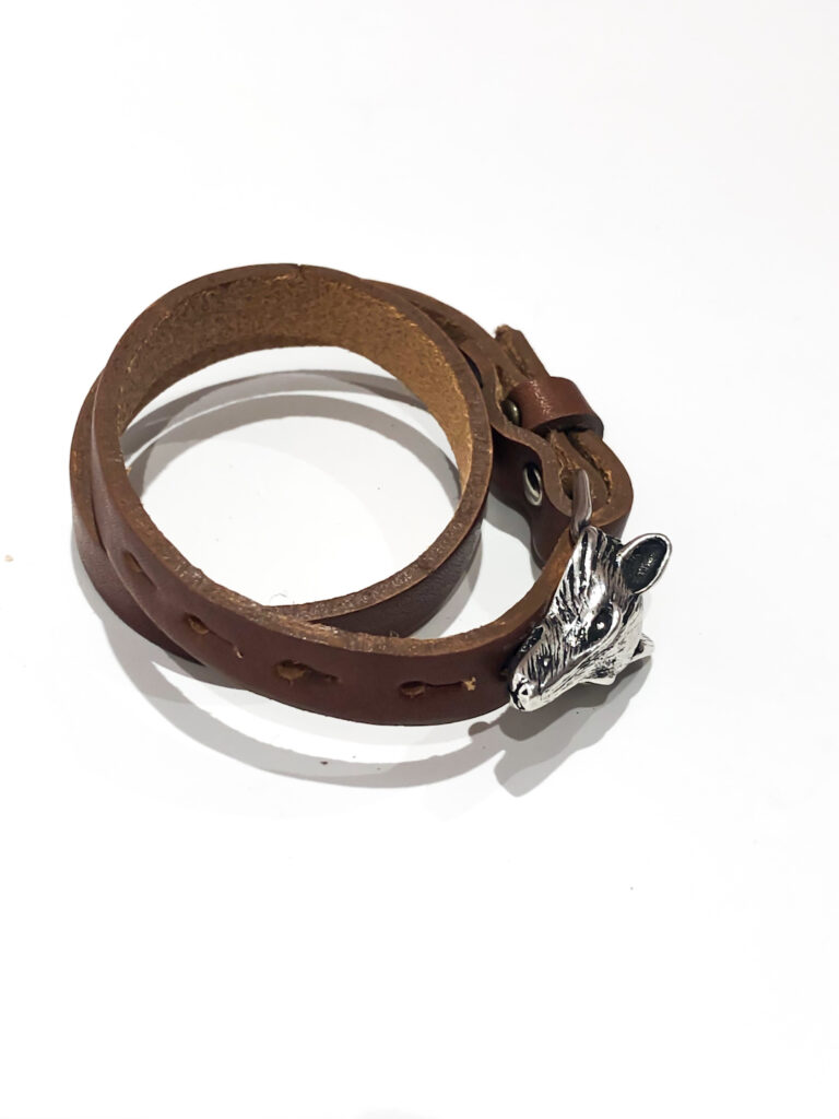 Brown leather wolf silver bracelet2