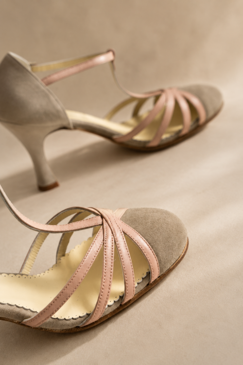Nude suede shoes with pink straps and heels