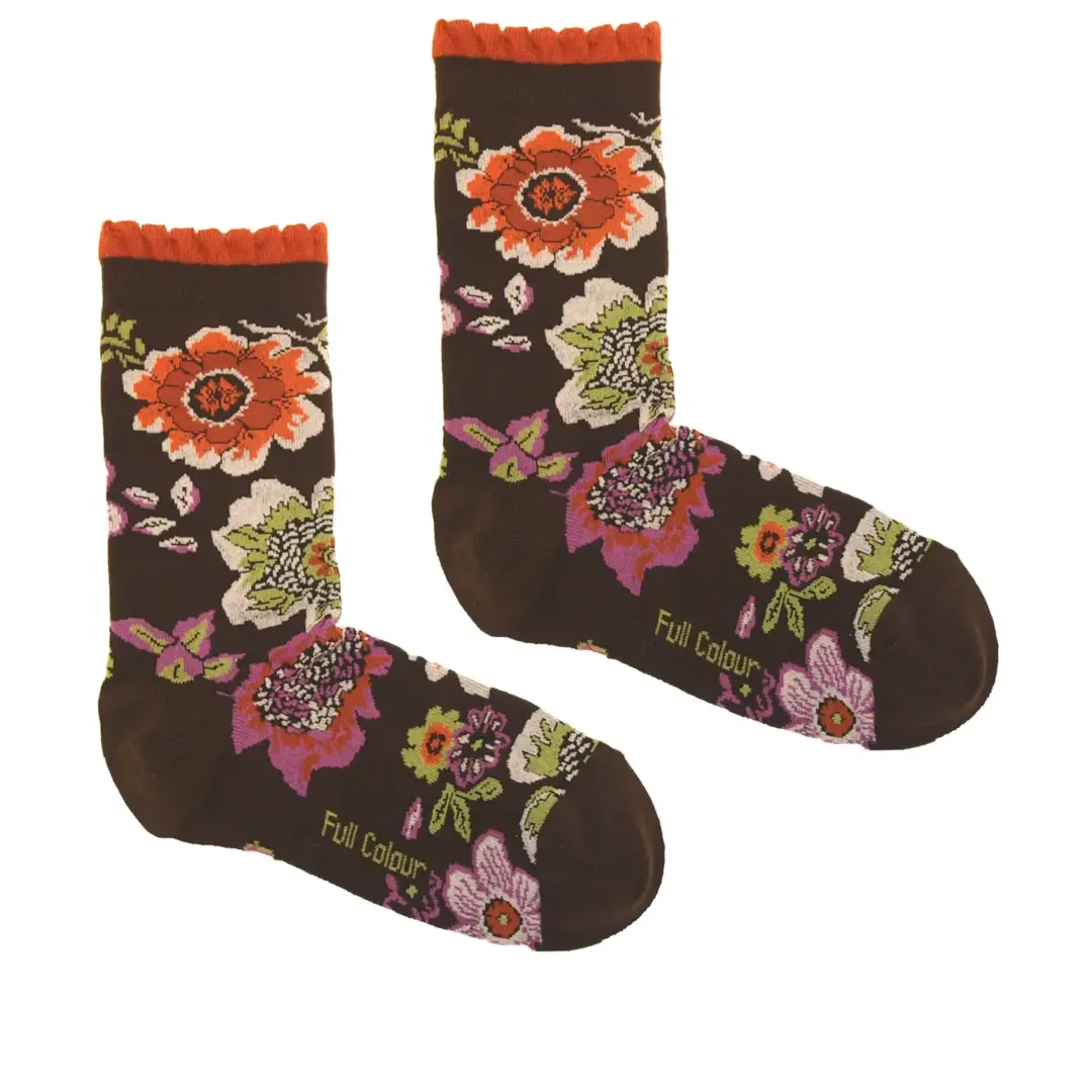 CALCETINES MARRONES FLORES MULTICOLOR