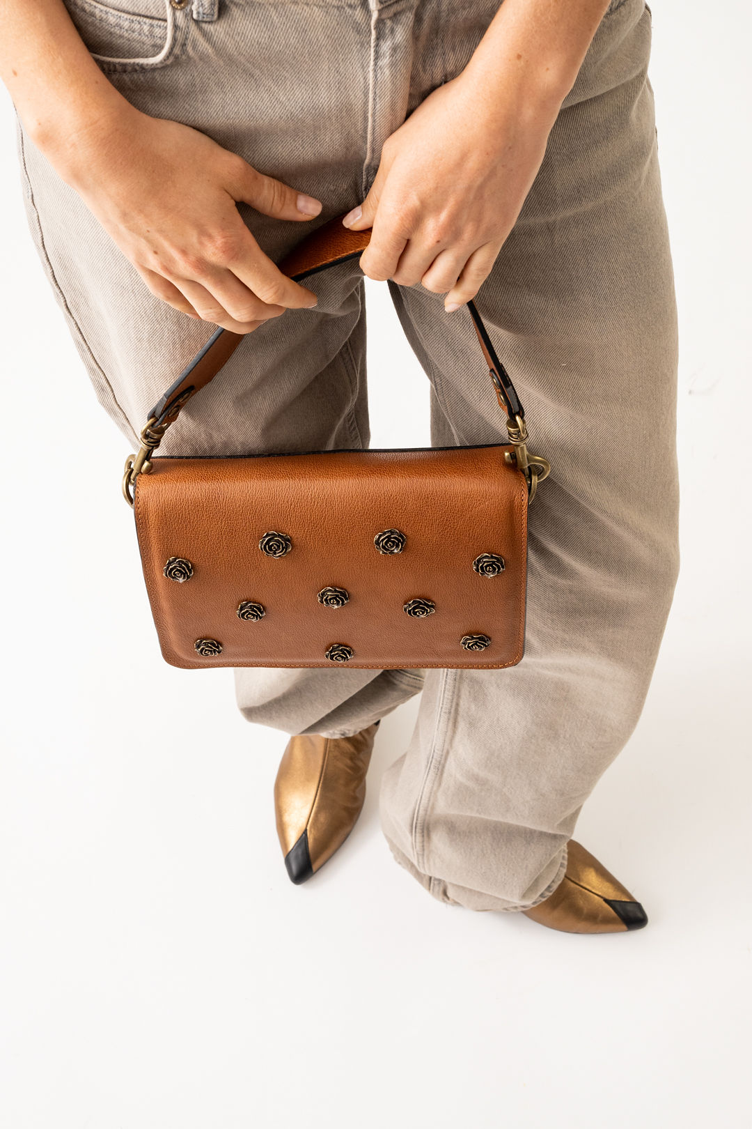 Women's Leather Rose Bag with Aged Metal