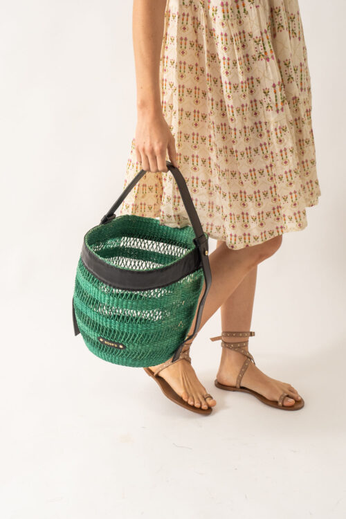 Bolso Paja Verde asa cuero negro