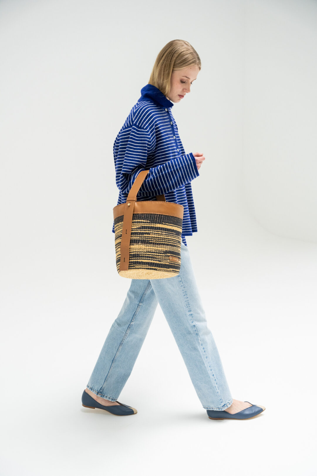 Cesta Navy Beige Asa cuero