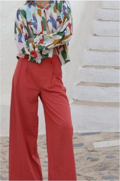Pantalón pinzas coral mujer