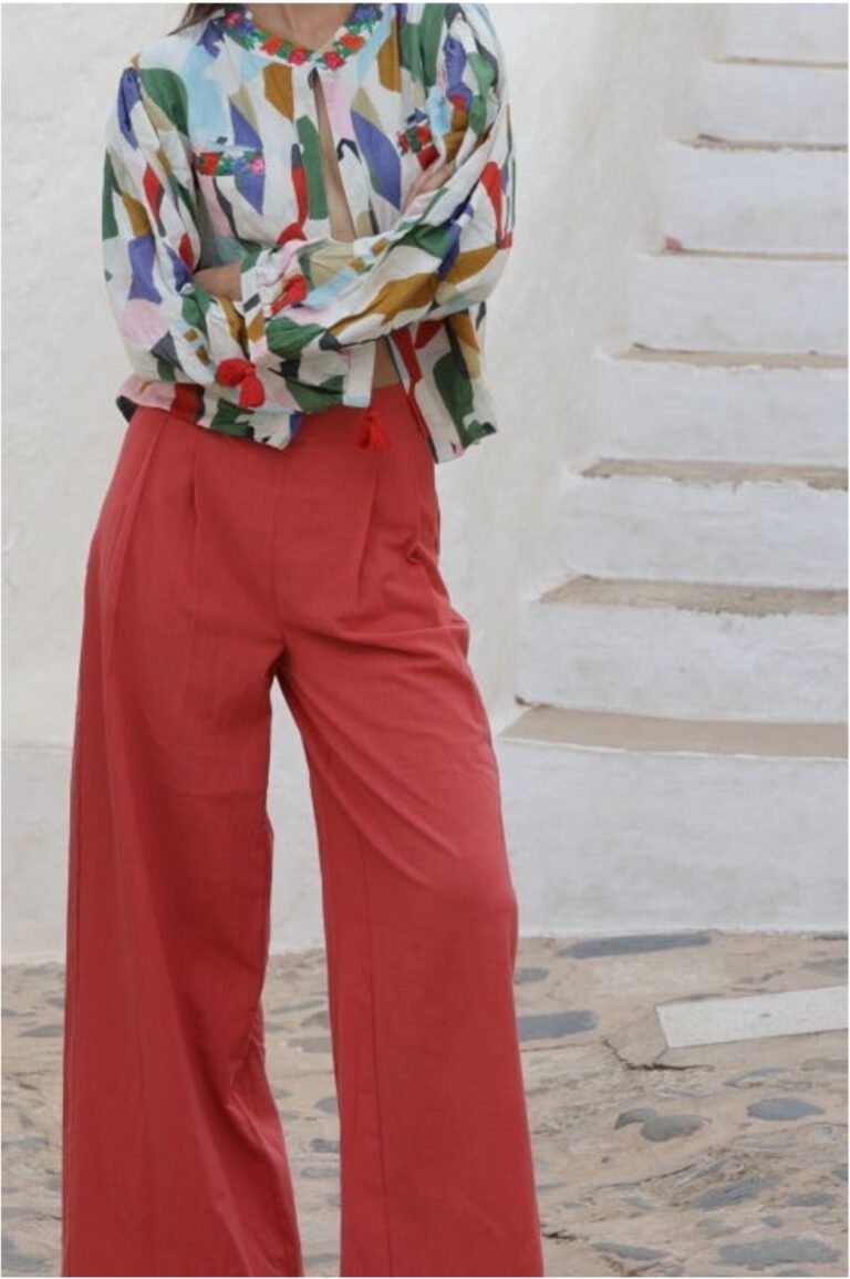 Pantalón pinzas coral mujer