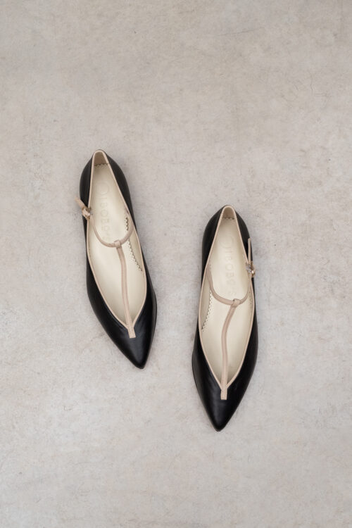 Women's Black and White T-Strap Ballerinas