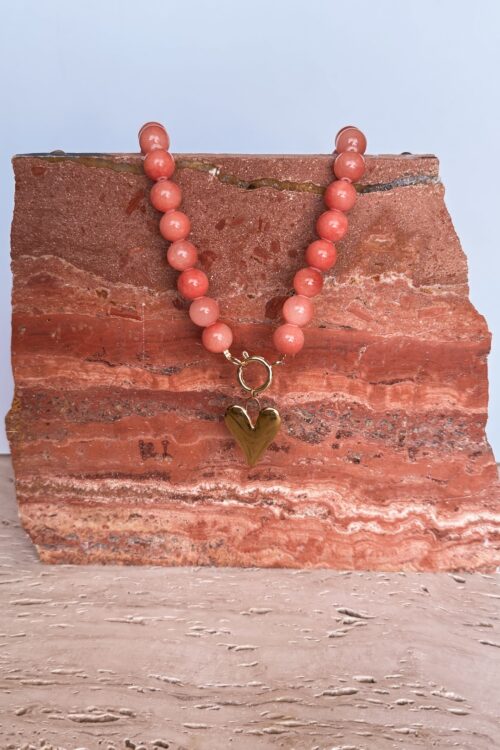 Collar Piedra Coral Corazón latón