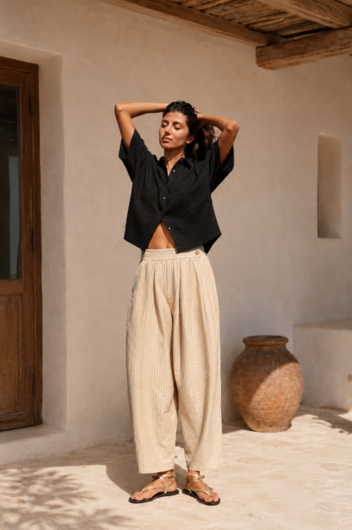 Beige trousers with gold stripe for women