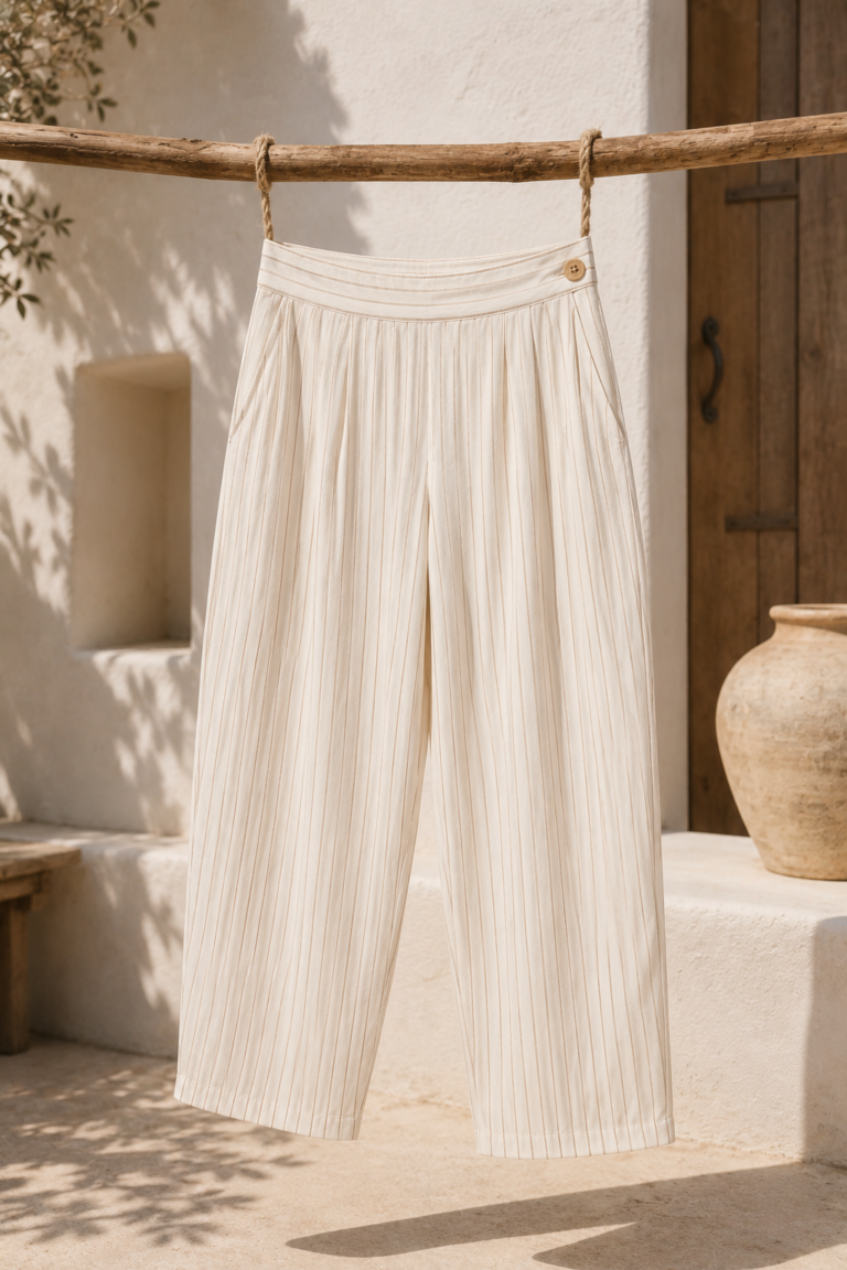 Pantalón blanco bombacho raya beige mujer