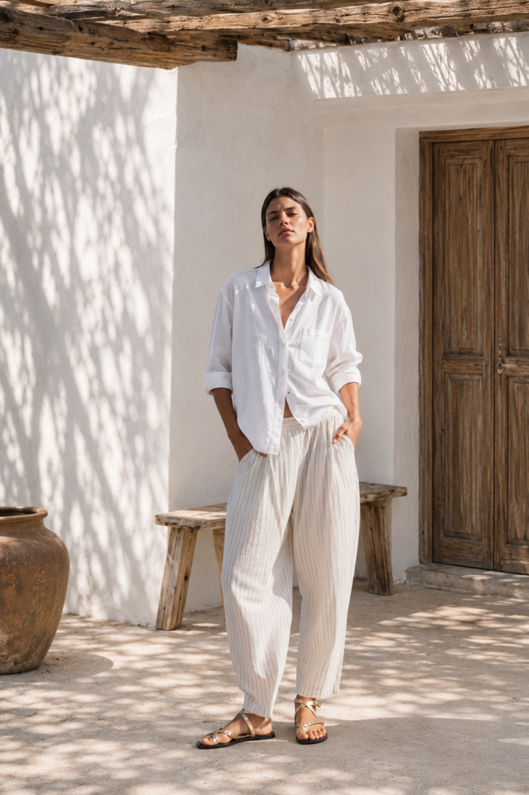 Pantalón blanco raya beige verano
