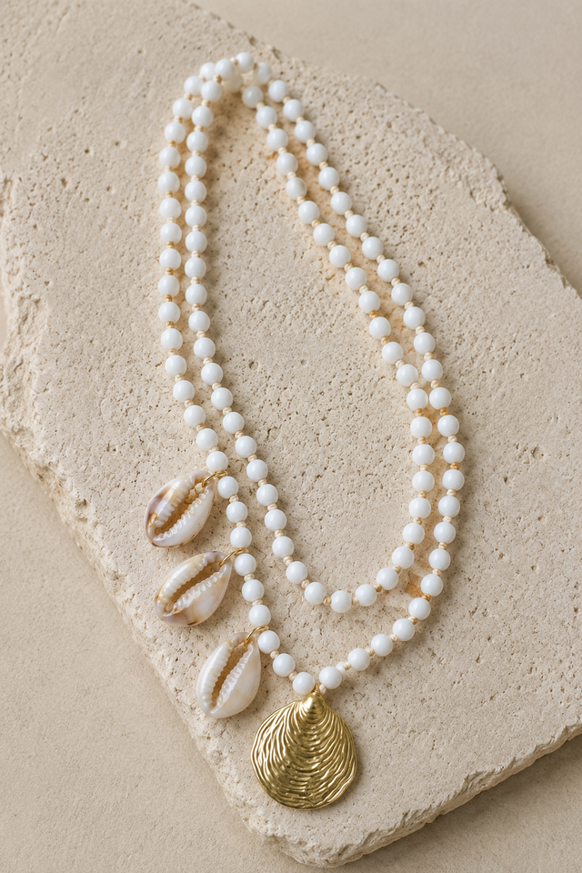 Collar Cristal Blanco Concha Dorada charms